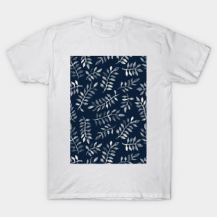 White Leaves on Navy - a hand painted pattern T-Shirt